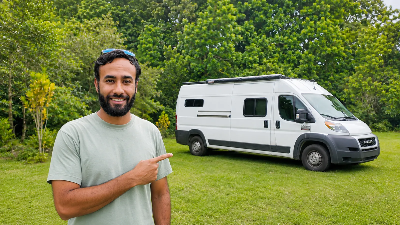 Dave standing beside his white camper van